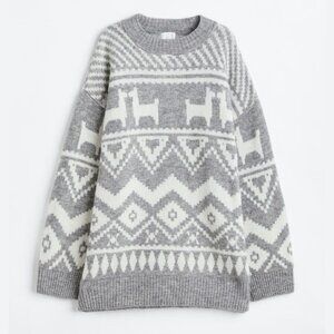 H&M Oversized Jacquard Knit Grey Sweater - M